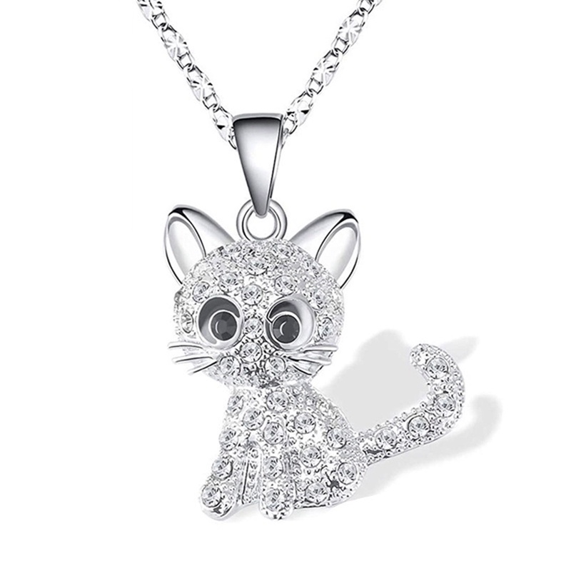 Kalung Rantai Liontin Kucing Hias Berlian Imitasi Mewah Untuk Wanita