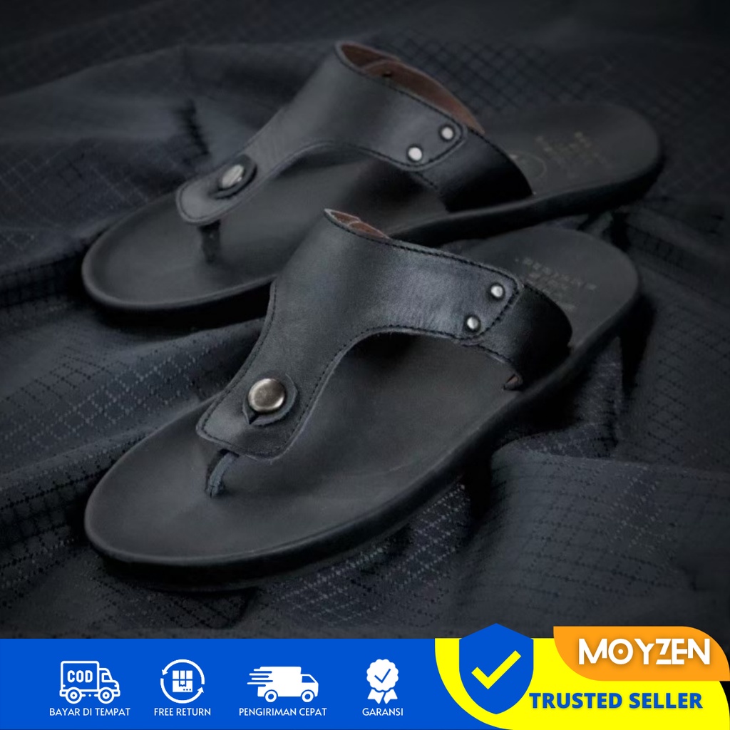 Sandal Kulit Pria Kekinian Cevany Clover Casual Sendal Jepit Hitam