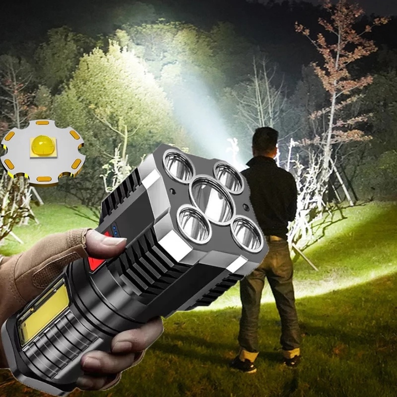 4mode Senter Tahan Air Bertenaga USB 5LEDS COB Flash Portable Emergency Lampu Genggam Kuat Terang Lumen Tinggi Untuk Hiking, Camping, Survival,