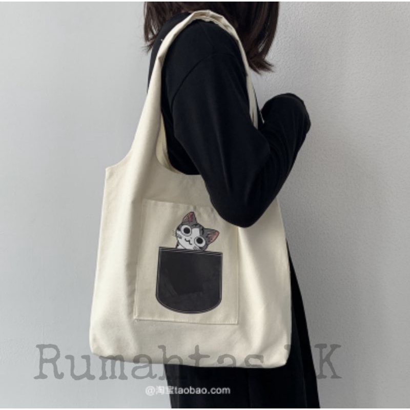Totebag Vintage Saku Depan Populer Tas Tote-Cat