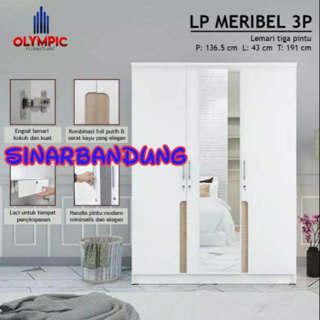 OLYMPIC LEMARI KAYU TIGA PINTU KACA PANJANG / LEMARI PAKAIAN PUTIH MERIBEL