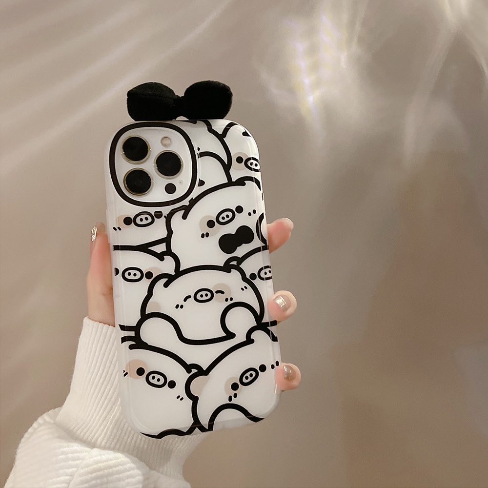 IPHONE Hitam Kartun Sketsa Babi Dengan Busur 3D Lucu Lembut Phone Case Cover Untuk Iphone7 8 PLUS X XR XS 11 12 13 14 MINI PRO MAX Se2020