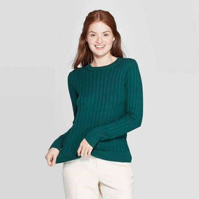 A New Day Ribbed Cuff Crewneck Long Sleeve Green