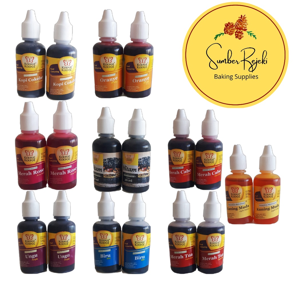 

Koepoe Koepoe Pewarna Makanan Merah Tua, Merah Cabe, Merah Rose, Biru, Hitam, Kuning Muda, Hijau Tua, Ungu, Orange, Coklat 30 Ml