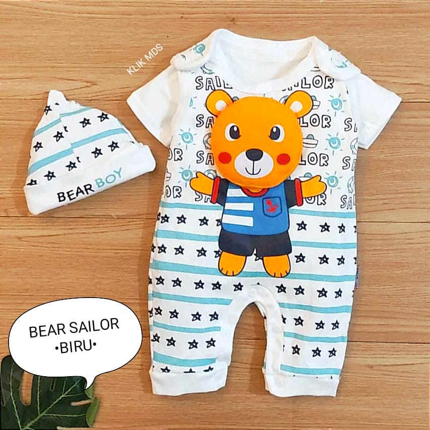 Jumper Bayi Laki-Laki 0-6 Bulan / Baju Anak Bahan Kaos Free Inner Dan Topi Motif Bear Sailor