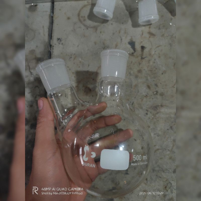 boiling flask 2 neck 500 ml / labu alas bulat 2 leher 250 ml duran