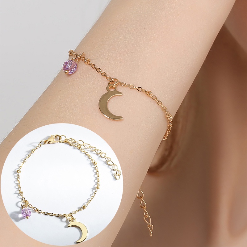 Korea Manis Crystal Ball Moon Liontin Gelang Aksesoris Fashion Wanita