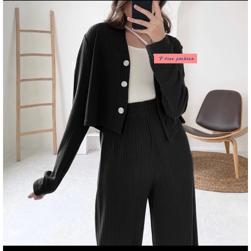 [FTREE] One Set Baju Setelan Celana Wanita Terbaru Outer Kekinian knit rib cardigan kulot