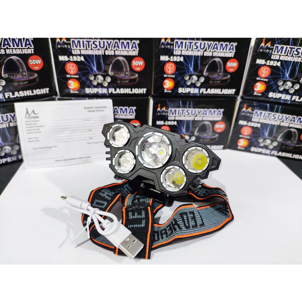 Senter Kepala 50W 5LED Headlight LED USB 50W+10W Senter Kepala 3 Mode Cahaya