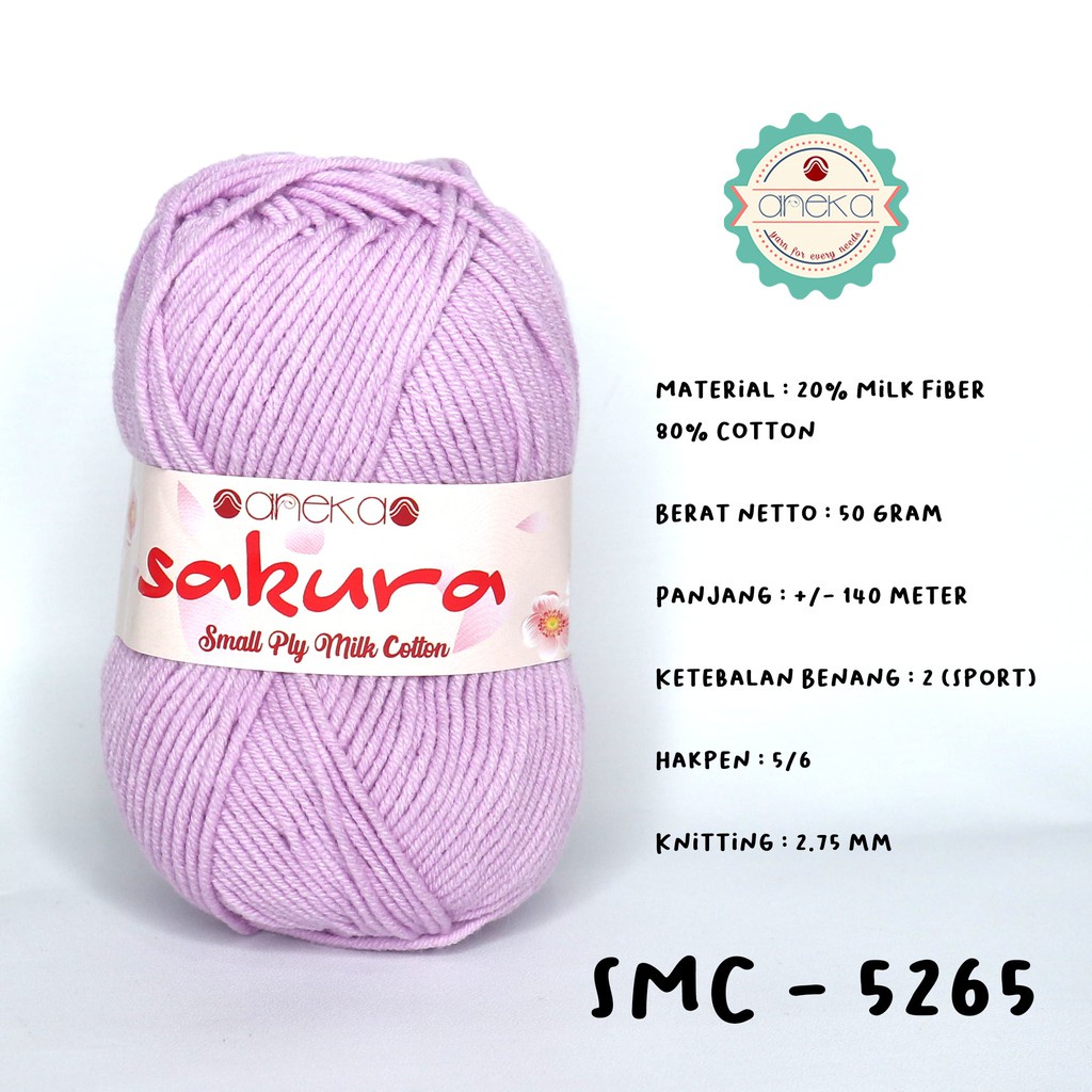 Benang Rajut Katun Susu 4 Ply / Sakura SMALL PLY Milk Cotton Yarn - 5265 (Ungu Muda)