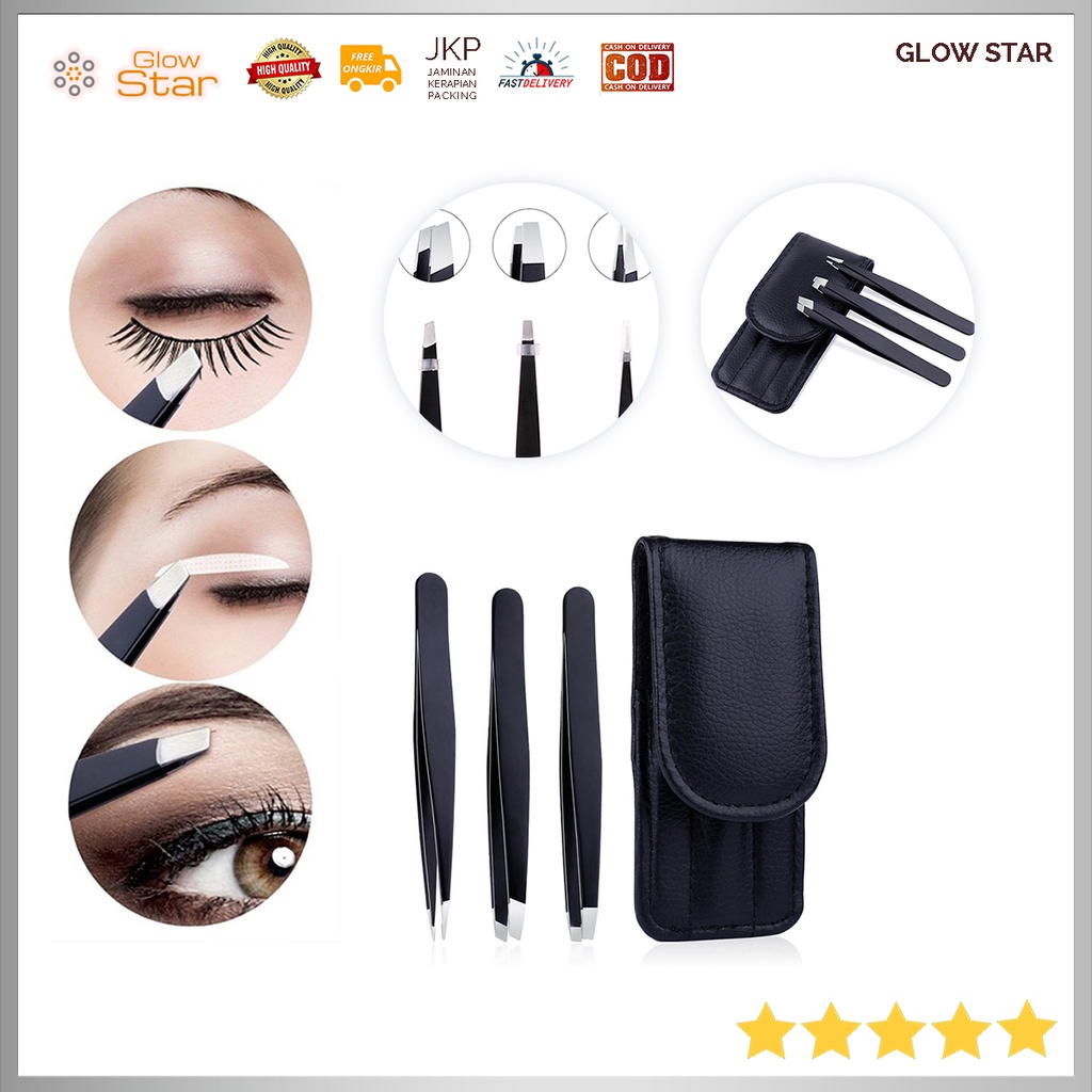 Pinset Perapi Pencabut Alis Tebal Eyebrow Tweezer 3 PCS Premium Case - Black Hitam