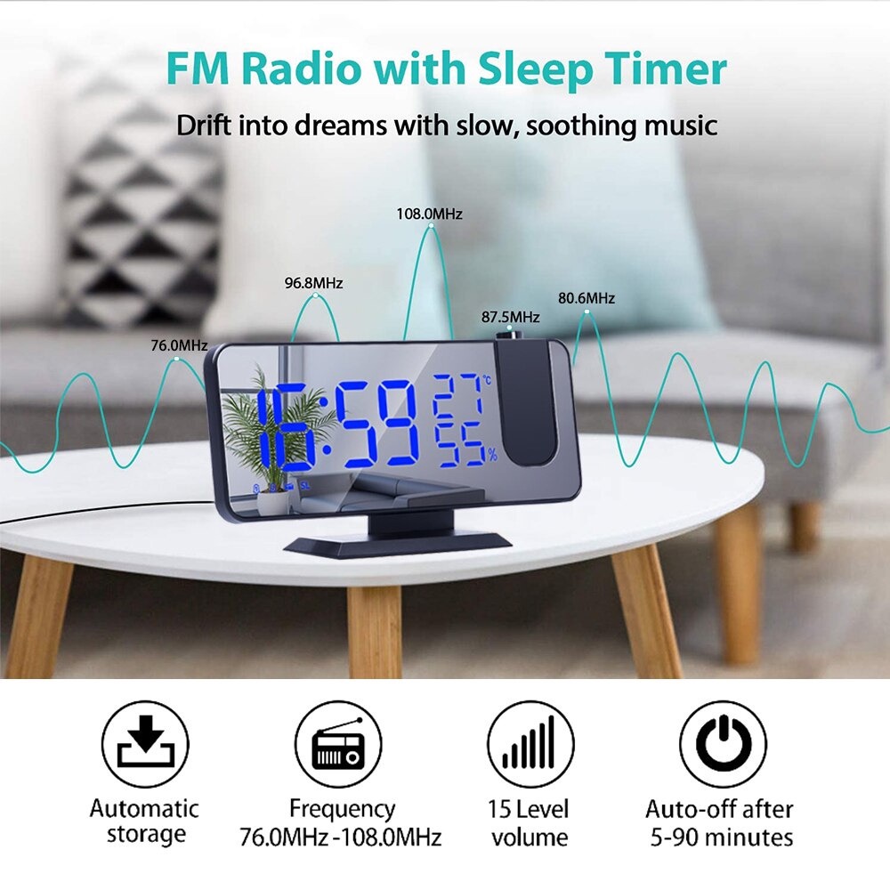 Jam Alarm Digital Proyektor Temperature Humidity FM Radio - EN8827 - Black White