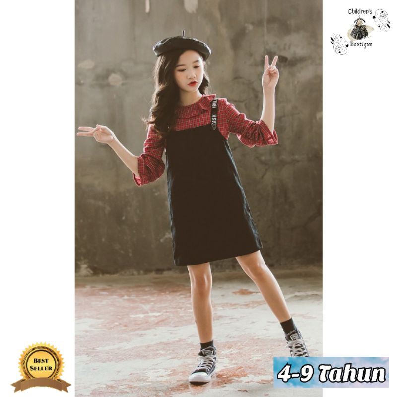 Setelan Baju Anak Perempuan Overall Import Merah Hitam Fashion Size 4-9 Tahun