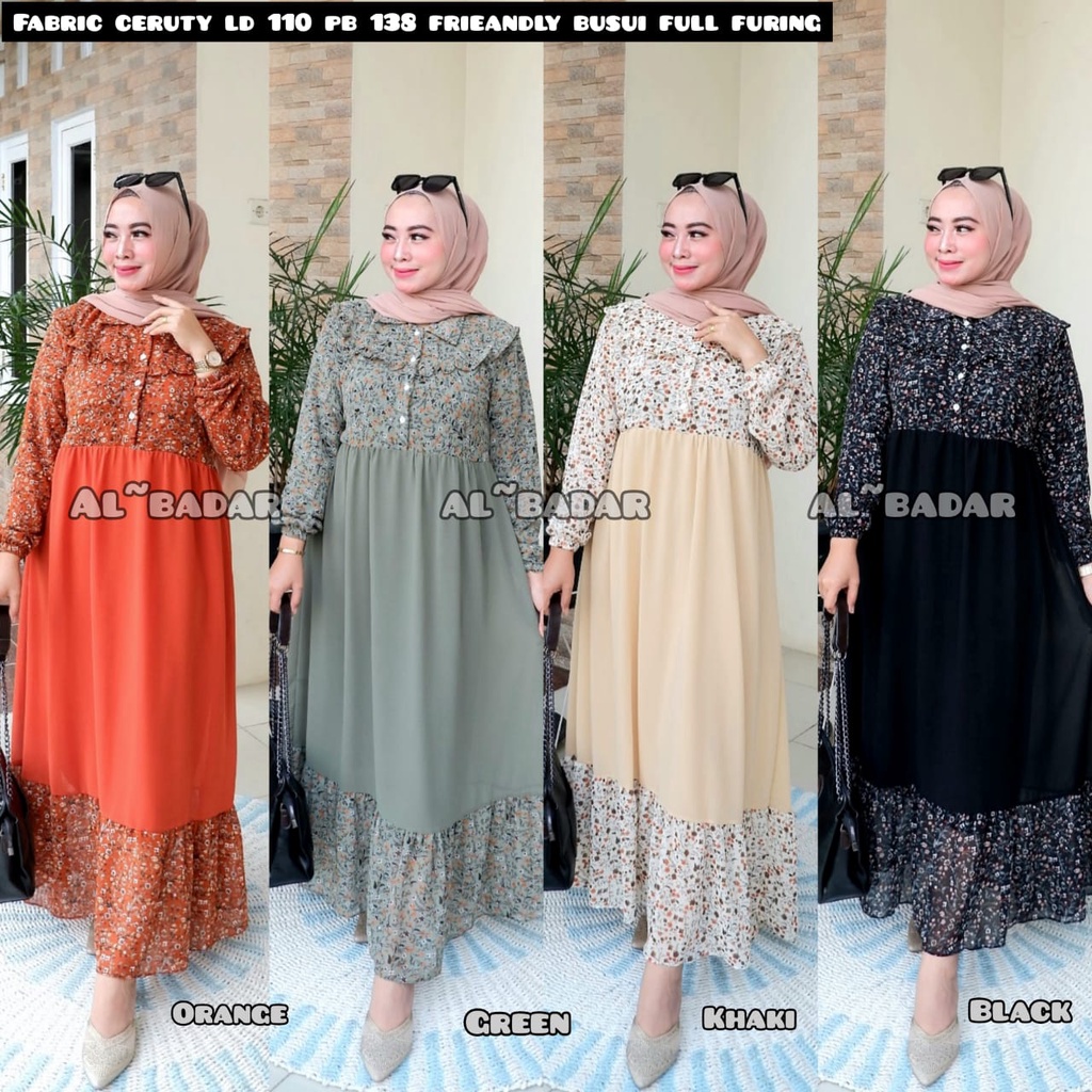 [ BISA COD ] GAMIS CERUTY BABYDOLL MOTIF KOMBINASI POLOS MIX KANCING FRIEANDLY BUSUI KERAH KOREA,DRESS CERUTY BABYDOLL MIX KERAH KOREA MODEL TERBARU BY AL BADAR