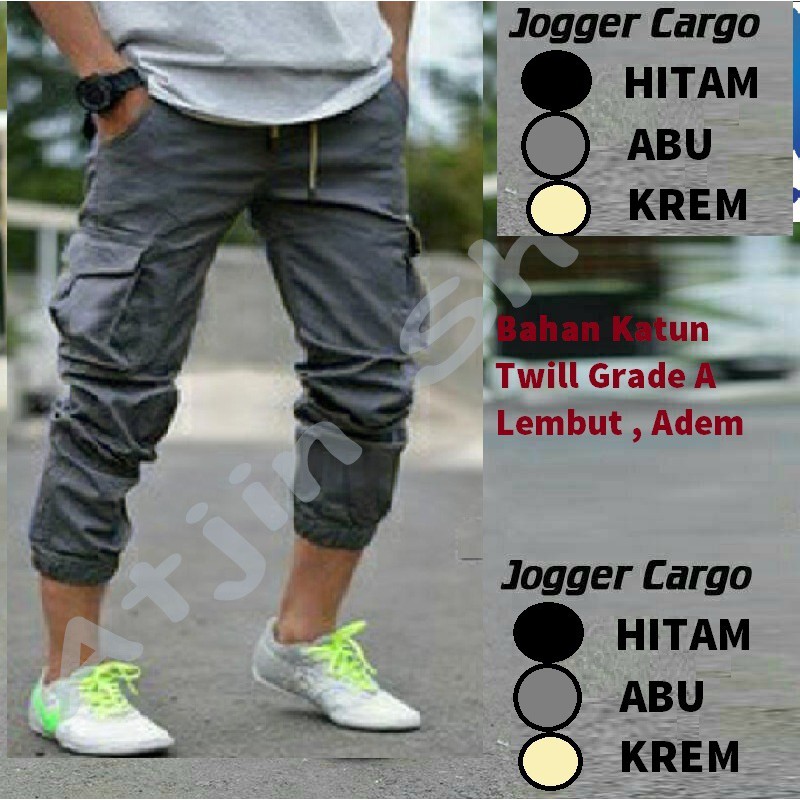 Celana Joger Kargo Panjang Banyak Saku Pria Slim Fit Fashion Korea [Hitam-Abu-Krem]
