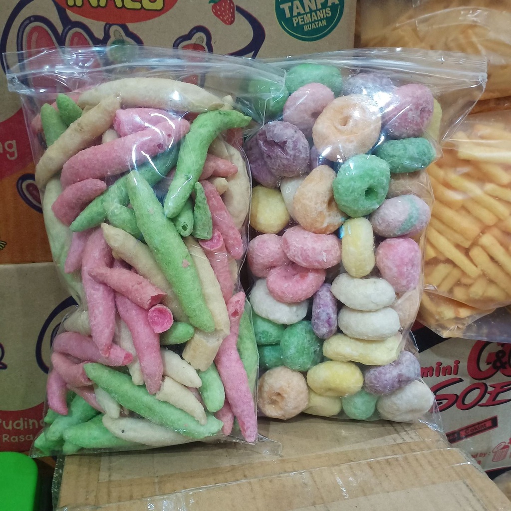 

Cemilan Kue Kering Donat Mini Warna / Telur Gabus Warna rasa Manis Gula Putih 500gr