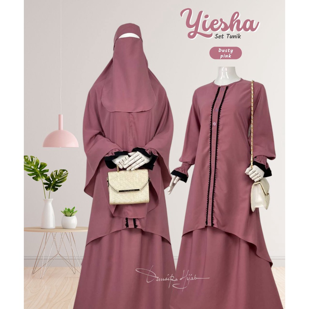 YIESHA SET TUNIK (Tunik + Rok + Jilbab Free Cadar Bandana) by DAMAIRA klambieakhwat BISA COD | bahan Wollpeach wolfis grade A busui friendly manset tangan smoke layer renda rajut khimar nonpad