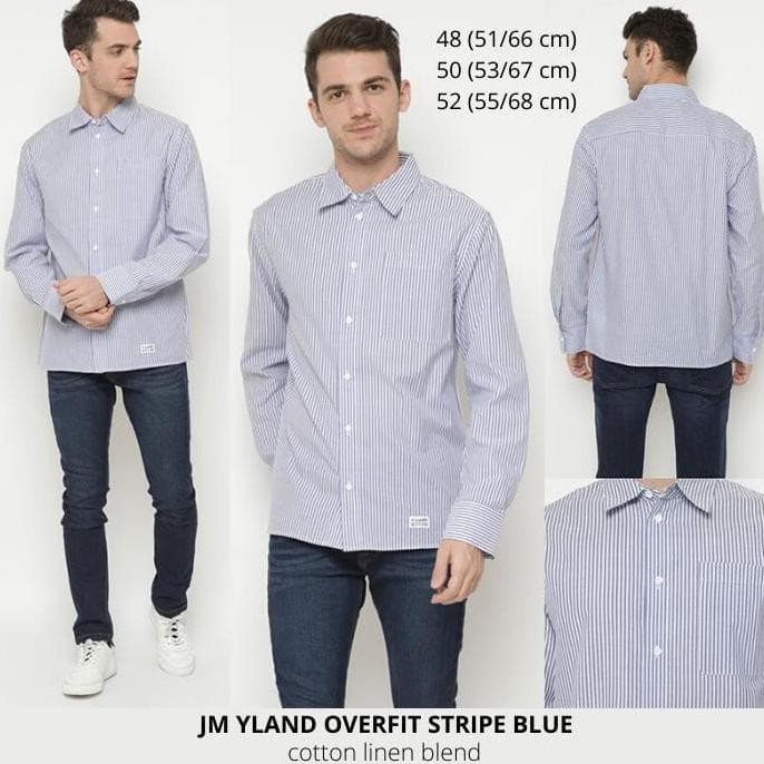 Kemeja Pria Jm Men Korean Shirt Yland Overfit Stripe Blue Caragampang77