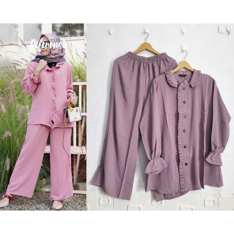 Set Crinkle Kerah Rempel//Set Cel Wanita//Tunik Celana Crinkle