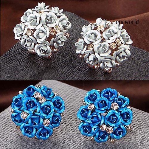 OW@ Women Fashion Elegant Inlaid Rhinestone Blooming Rose Flower Ear Studs Earrings