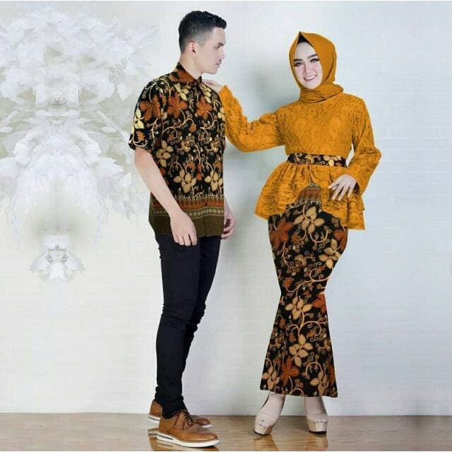 Pakaian wanita pasangan aop d gamis batik couple paya keyla MUSTARD CP kebaya / baju muslim prewedin