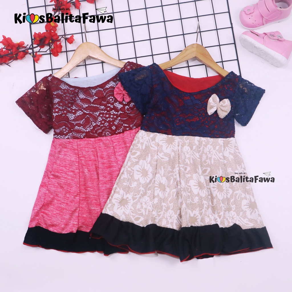 Dress Yuki uk 1-4 Tahun / Dres Kombi Brukat Lengan Anak Perempuan Baju Gaun Pesta