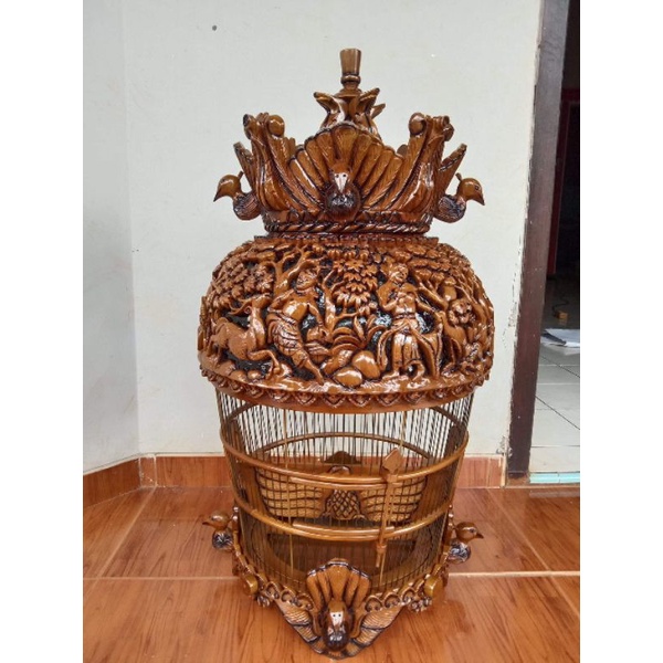 sangkar perkutut ukir motif relief kayu jati