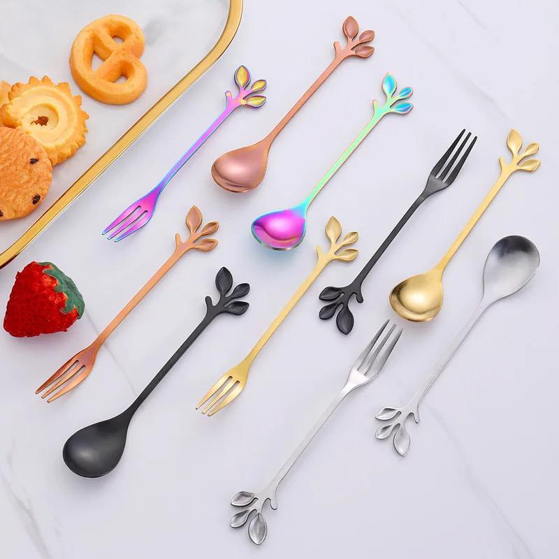 sendok garpu kecil motif daun / leaf coffee tea spoon fork stainless dessert / sendok garpu teh kopi kue buah