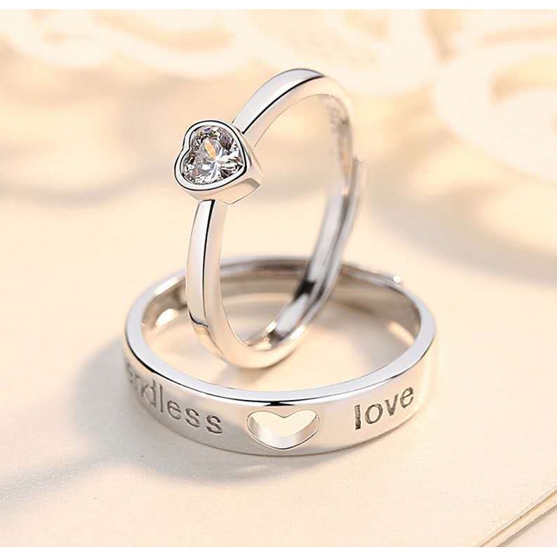 Cincin Model Terbuka Adjustable Desain Hati Hollow Bahan 925 Silver Plated Untuk Pasangan