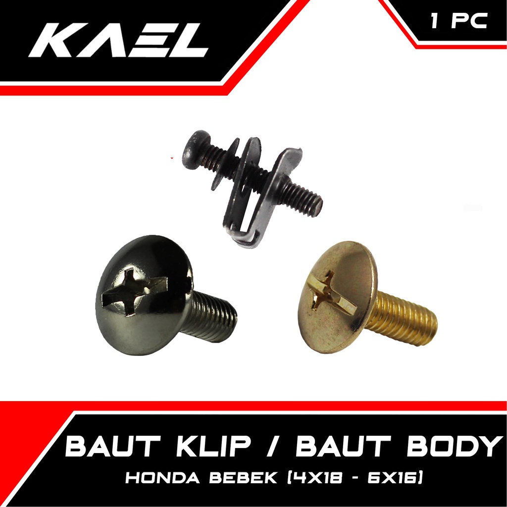 Baut Klip Body Honda Bebek Grand/Supra-X-125-Fit-New/Revo-Absolute-X-Fit/Blade-125 FI-F1/Karisma/Kirana/Legenda/Star/Prima Baud Bodi Batok 6x16 Emas-Gold 4x16 Drat Halus Nikel-Nekel-Sekrup-Skrup