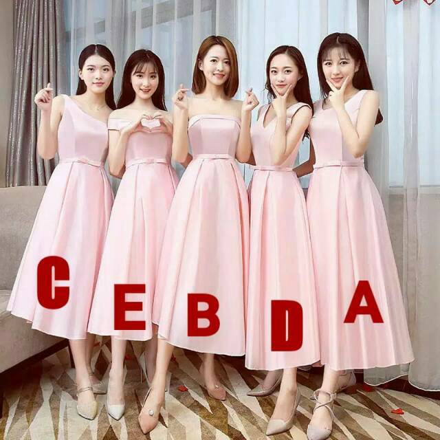 Bridesmaid dress baju pesta midi polos pink peach