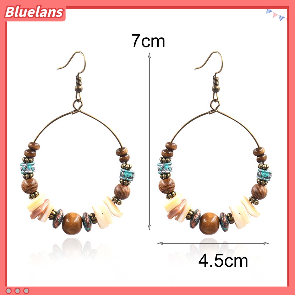 1 Pasang Anting Bentuk Bulat Bahan Alloy Aksen Manik-Manik Kayu Gaya Retro Boho