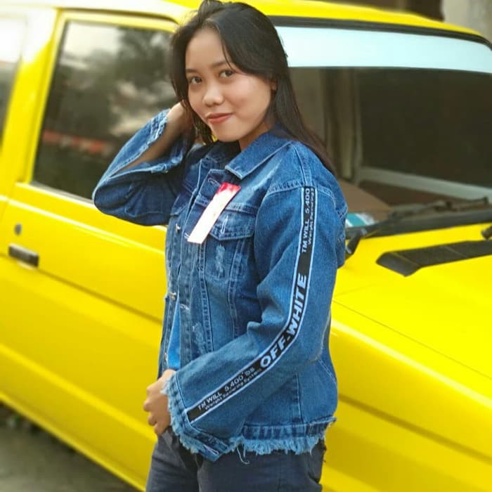 Jaket Jeans Cewek Ripped Liss Off white Putih Denim / Biru dongker