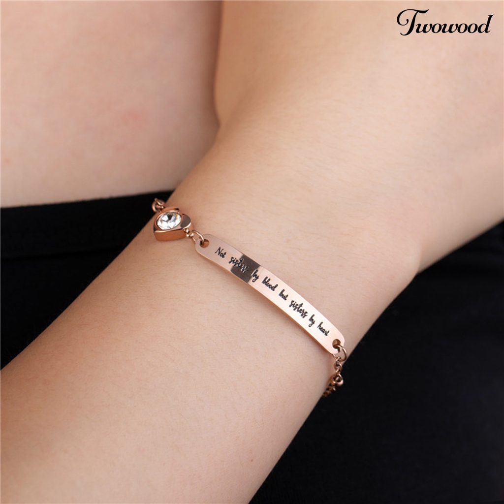 Twowood Letter Print Adjustable Women Bracelet Titanium Steel Curved Plate Heart-shaped Dangle Bracelet Jewelry Accessory