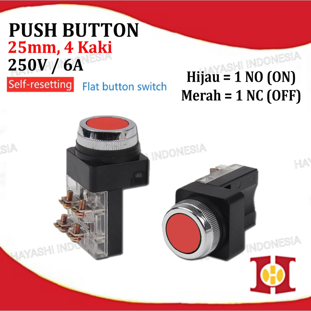 Push Button TAB 25MM PB2501 PB2511 2 4 Kaki Tombol On Off Merah Hijau