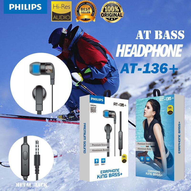 Handsfree Headset Earphone Philips AT-136+ Plus Mic Stereo Suara Bagus