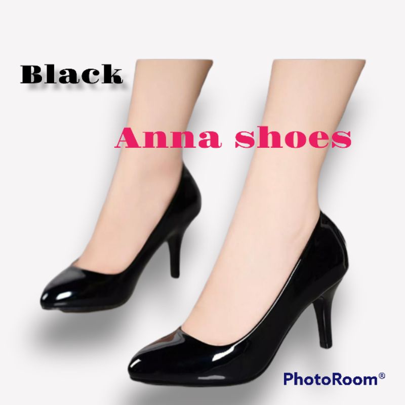 Anna Shoes High heels wanita glosy hitam