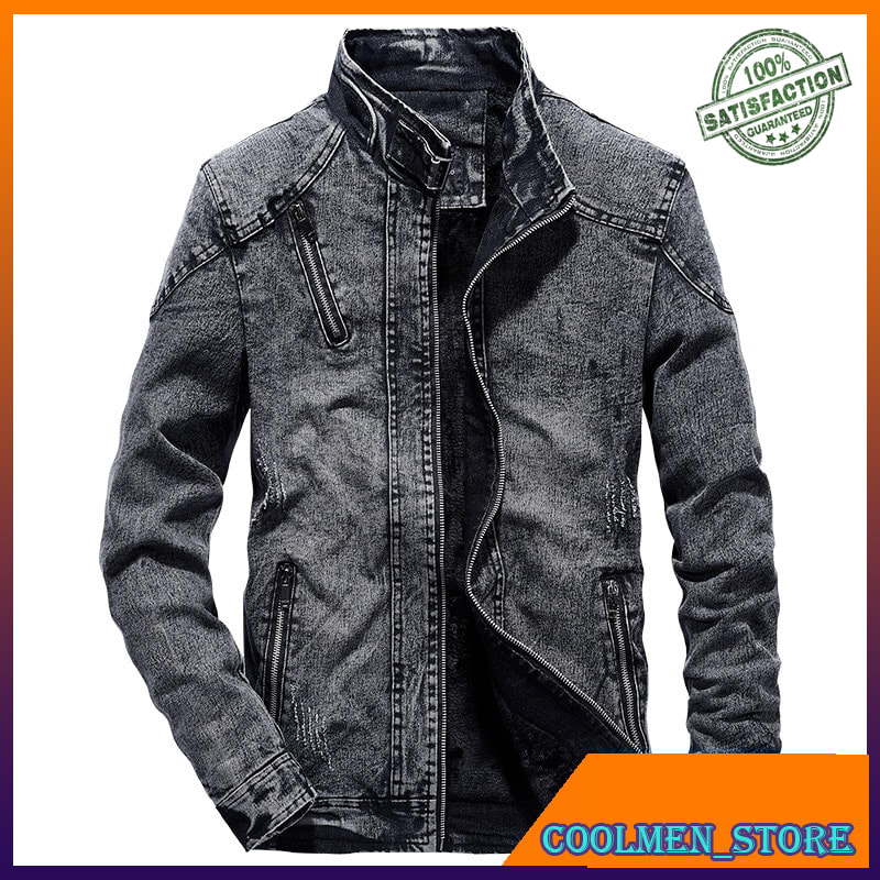 Jaket Jeans Pria / Jaket Denim Pria Men Ripped Jeans Jackets Washed Patchwork Distressed Denim Man