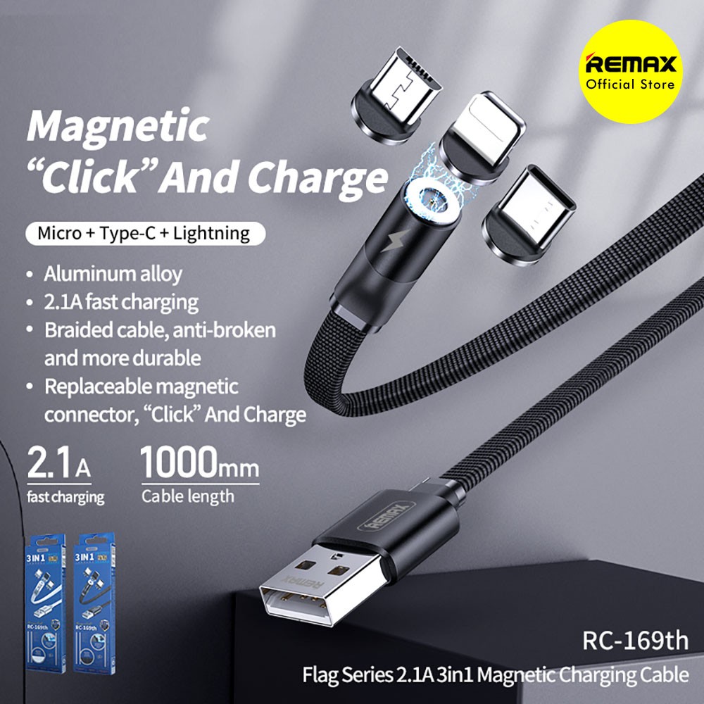 REMAX Flag Kabel Data Charger Magnet 3 in 1 Micro &amp; Type-C &amp; Lightning USB RC-169TH