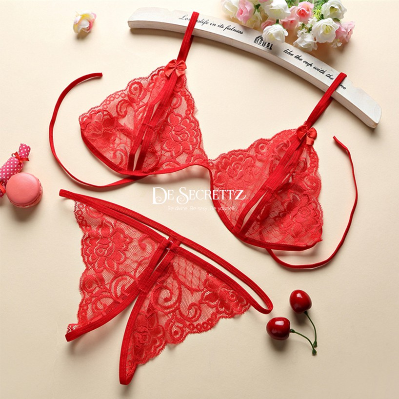 DeSecrettz LILY Lingerie Sexy Model Bra Set Transparan Dengan Open Crotch G String, Soft Lace Bikini