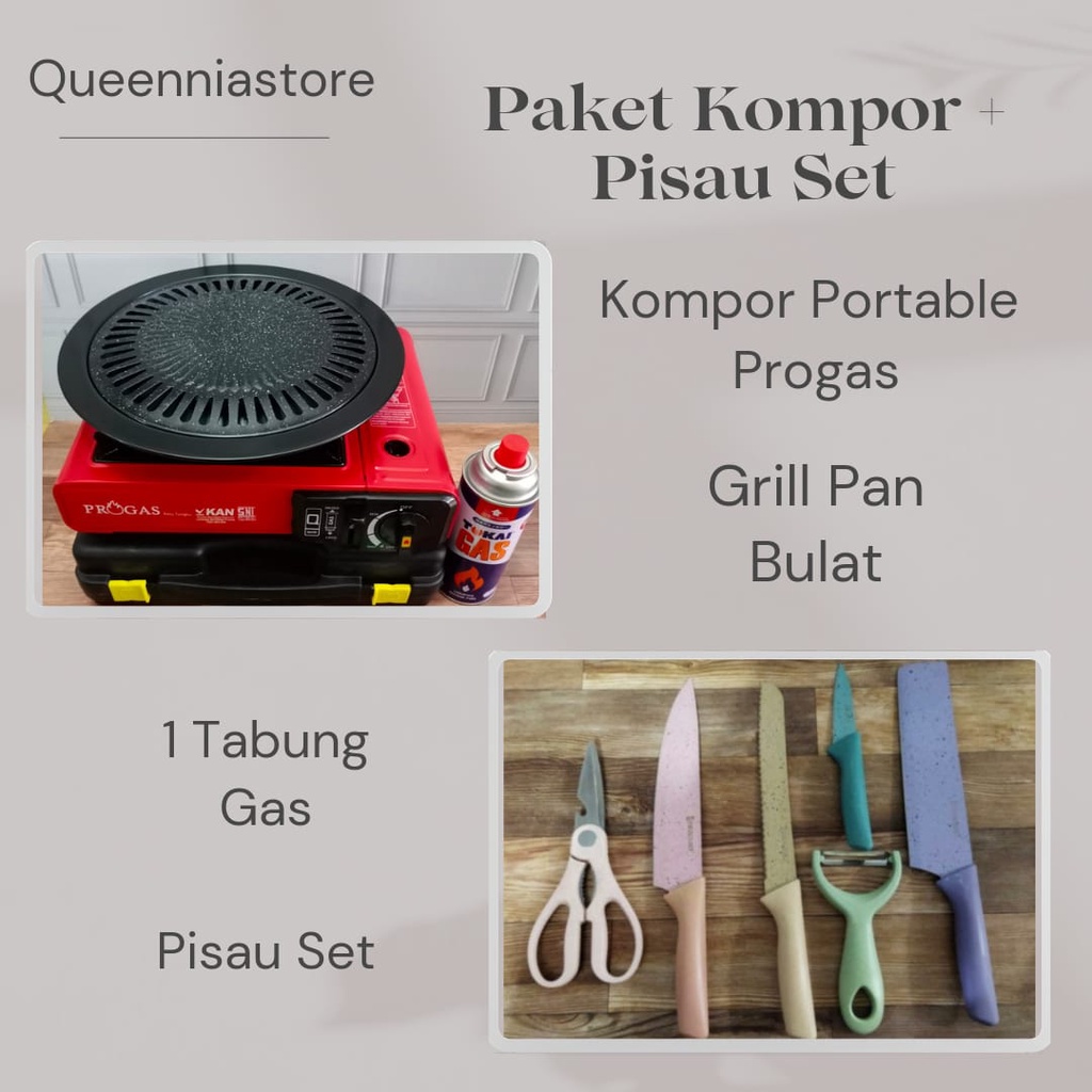 Paket Kompor Portable + Grillpan + Gas + Pisau Set