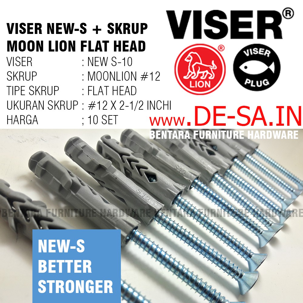 10 x Viser New-S10 + Screw Flat Head Moon Lion #12 x 2-1/2&quot; - Skrup Angkur Dinding Tembok Beton Bata