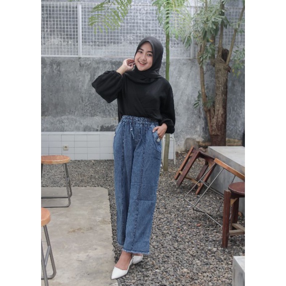 CELANA JEANS WANITA KULOT PINGGANG KARET JUMBO BB 40-85Kg