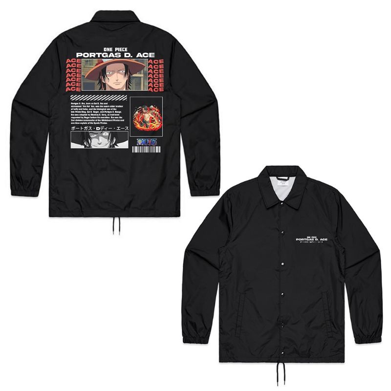 JAKET COACH ANIME ONE PIECE - PORTGAS D ACE | COACH JAKET ONE PIECE | WINDBREAKER HITAM PARASUT | wi