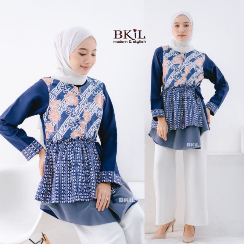 tey-17 Batik wanita ASJ SA HRB026 Kenongo Kemeja Tosca Pendek-Bunga navy