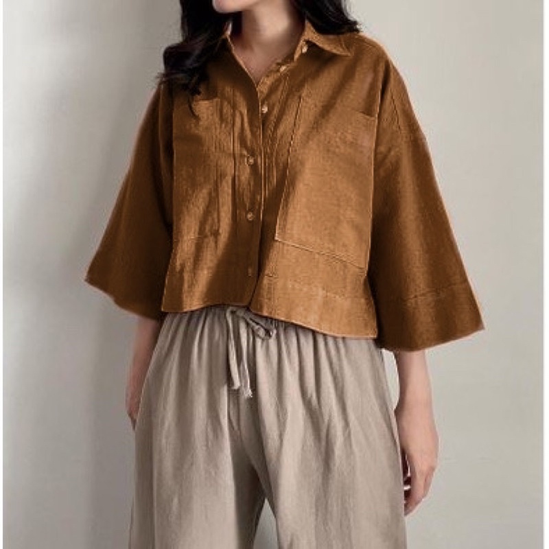 KEMEJA CROP LINEN POCKET