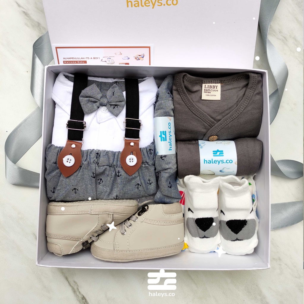 Haleys.co Tuxedo Grey Hampers Bayi Premium | Kado Bayi Newborn | Kado Bayi 6-12 Month | Hampers Baby Boy | Hampers Baby Girl | Gift Box Baby | Paket Kado Baju Bayi Lucu | Kado Lahiran | Set Tuxedo Baby Boy Keren