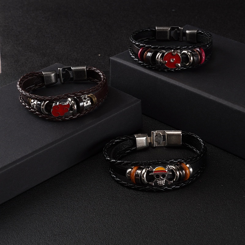 Gelang Tangan Kulit Motif Anime Luffy Skull Warna Coklat Gaya Vintage Klasik Untuk Pria / Wanita