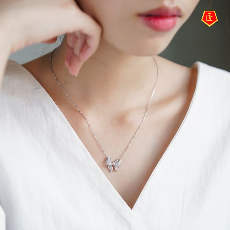 [Ready Stock]INS Style Bow Necklace Full Diamond Pendant Simple and Elegant