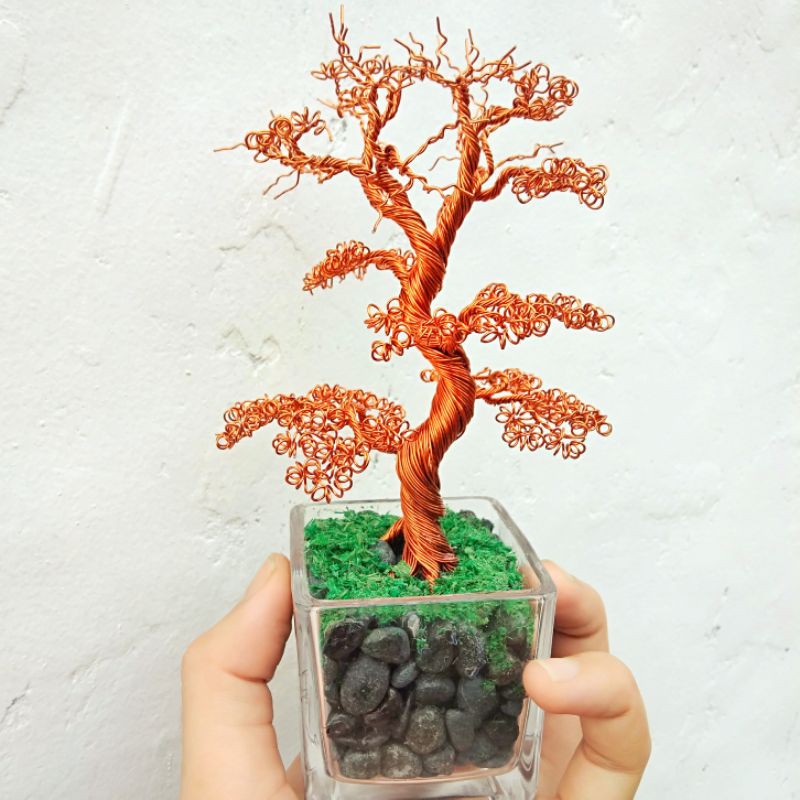 MINIATUR BONSAI WIRE TREE / POHON KAWAT POT KOTAK KERAJINAN TANGAN